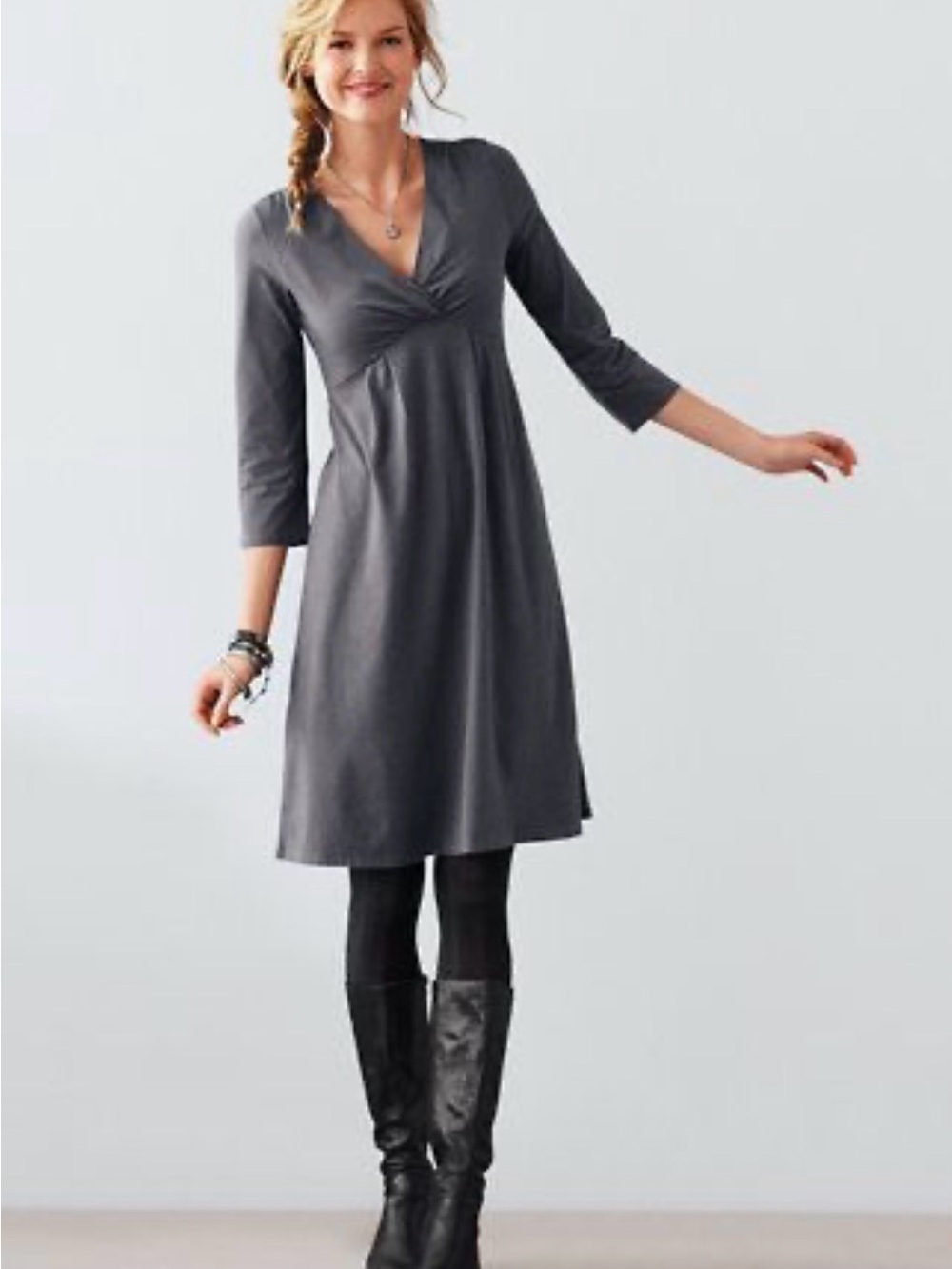 Garnet Hill Gathered V-Neck Jersey 3/4 Sleeve Dress in Gray Size XS